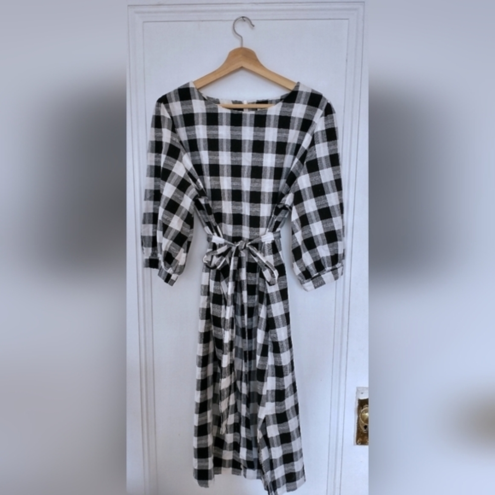 Evellet by Jstyle Cotton-Linen Gingham Dress, Puff  Sleeve, Medium-Large